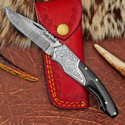 Pocket Folding Knife with Buffalo Horn and Engraved Silver Bolster 