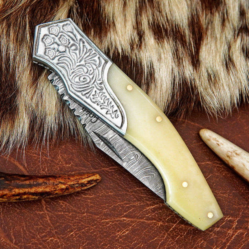 Pocket Folding Knife EDC Hand Forged in Damascus Steel Engraved Bolster and Camel Bone Handle with Leather Sheath SQFOL01