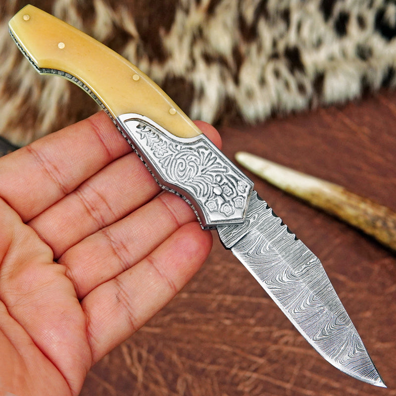 Pocket Folding Knife EDC Hand Forged in Damascus Steel Engraved Bolster and Camel Bone Handle with Leather Sheath SQFOL01