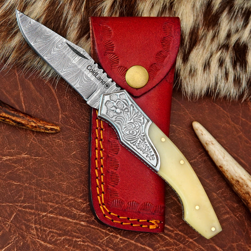 Pocket Folding Knife Engraved Bolster and Camel Bone Handle