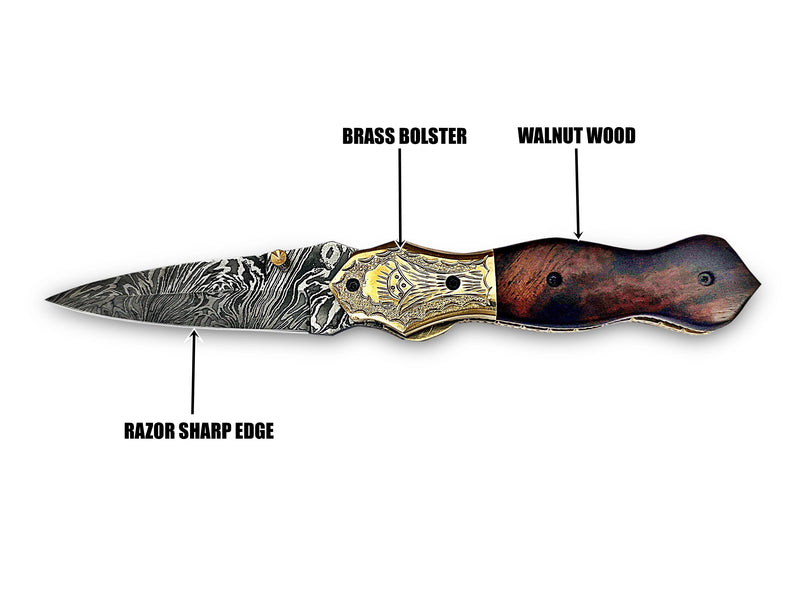 Folding Pocket Knife Dagger Custom Handcrafted Damascus Steel 7.5 inches Walnut Burl Wood Handle and Engraved Brass Bolster with Leather Sheath Perfect Gift for All Occasions CLKFOL1107