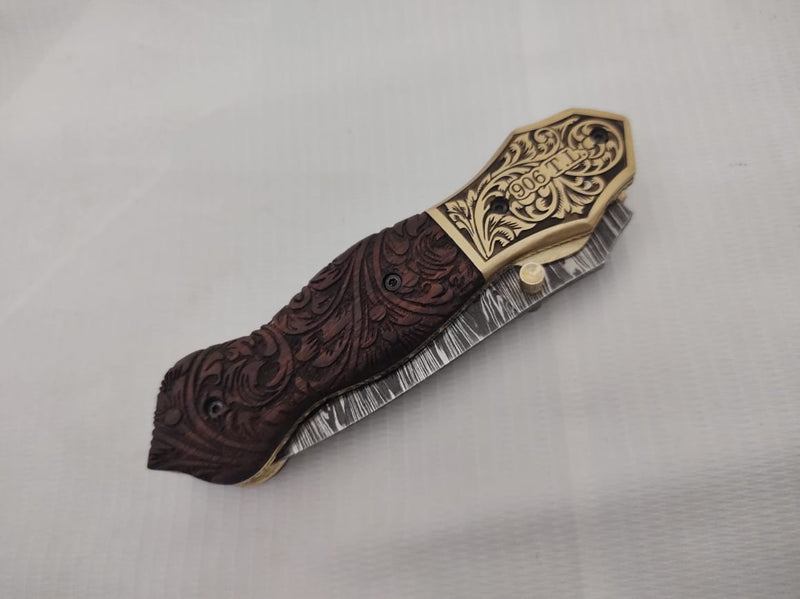 Custom Order for a Canadian Customer: Hand Engraved Brass Bolster and Walnut Burl Wood Folding Pocket Knife Dagger Custom Handcrafted Damascus Steel 7.5 inches with Leather Sheath CLKFOL1122-V2