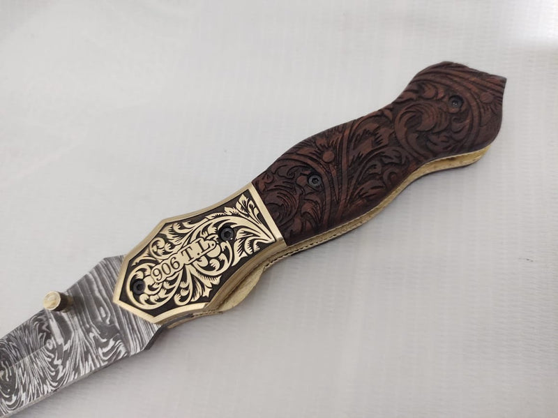 Custom Order for a Canadian Customer: Hand Engraved Brass Bolster and Walnut Burl Wood Folding Pocket Knife Dagger Custom Handcrafted Damascus Steel 7.5 inches with Leather Sheath CLKFOL1122-V2