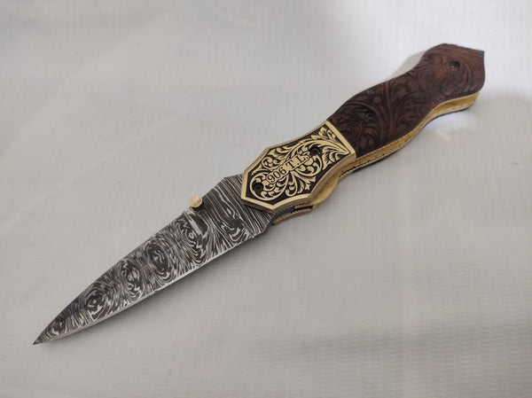 Custom Order for a Canadian Customer: Hand Engraved Brass Bolster and Walnut Burl Wood Folding Pocket Knife Dagger Custom Handcrafted Damascus Steel 7.5 inches with Leather Sheath CLKFOL1122-V2