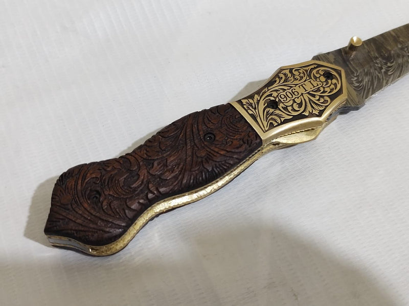 Custom Order for a Canadian Customer: Hand Engraved Brass Bolster and Walnut Burl Wood Folding Pocket Knife Dagger Custom Handcrafted Damascus Steel 7.5 inches with Leather Sheath CLKFOL1122-V2