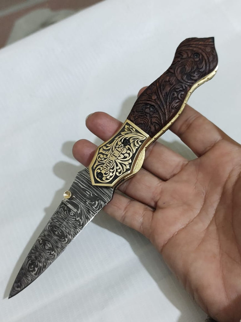 Custom Order for a Canadian Customer: Hand Engraved Brass Bolster and Walnut Burl Wood Folding Pocket Knife Dagger Custom Handcrafted Damascus Steel 7.5 inches with Leather Sheath CLKFOL1122-V2