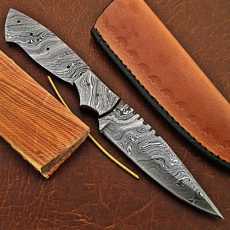 Damascus Knife Making Kit includes a Blade Blank with Damascus Bolster, Leather Sheath, Pins and Walnut Wood as Handle Scales - Handcraft Your Own Blade with Ease UK14