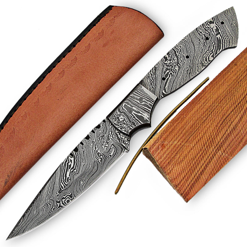 Damascus Knife Making Kit includes a Blade Blank with Damascus Bolster, Leather Sheath, Pins and Walnut Wood as Handle Scales - Handcraft Your Own Blade with Ease UK14